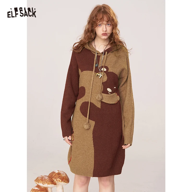 

ELFSACK 2025 Winter New Arrivals Casual Cute Cartoon Hugging Bear Knitted Sweater Dress For Woman