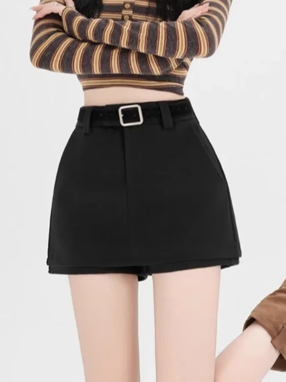Gray Woolen Suit Short Pants Skirt Women's Outerwear Autumn Winter Booty Tight Half Skirt High Waist Commute Style Polyester ...