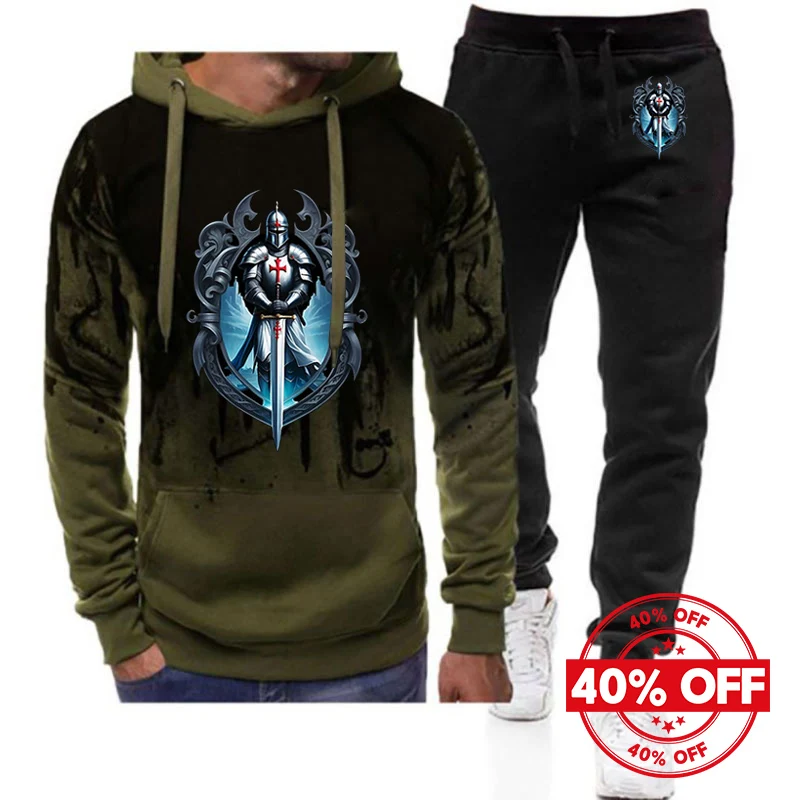 2025 Spring Autumn Knights Templar Pattern Print Men's Gradient Color Hooded Hoodies+Casual Drawstring Sweatpants Handsome Sets