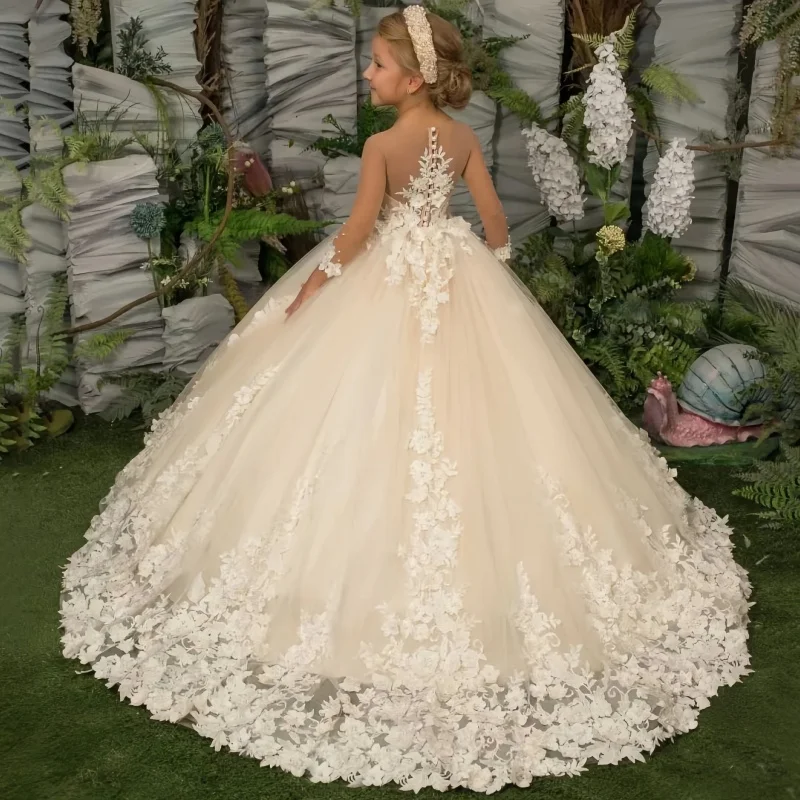 Champagne colored puffy dress with lace big tail flower girl dress, birthday party performance, princess dress