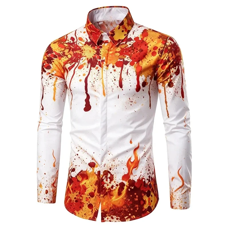 Men's Fire Splash Ink Art Graffiti Print Long Sleeve Shirt Lapel Collar Tops For Nightclub Bar Festival Casual Wear
