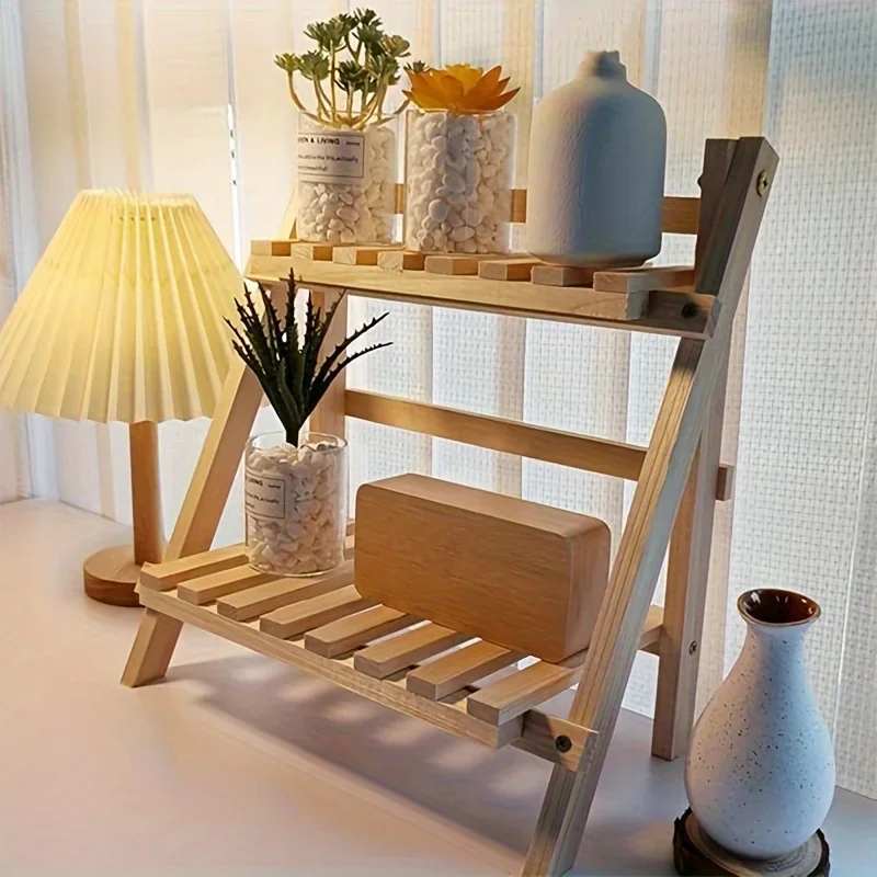 Desktop Organizer Shelf, 2-Tier Wooden Storage Rack, Collapsible Desk Organizer For Home Decor Office Accessories Plant Display