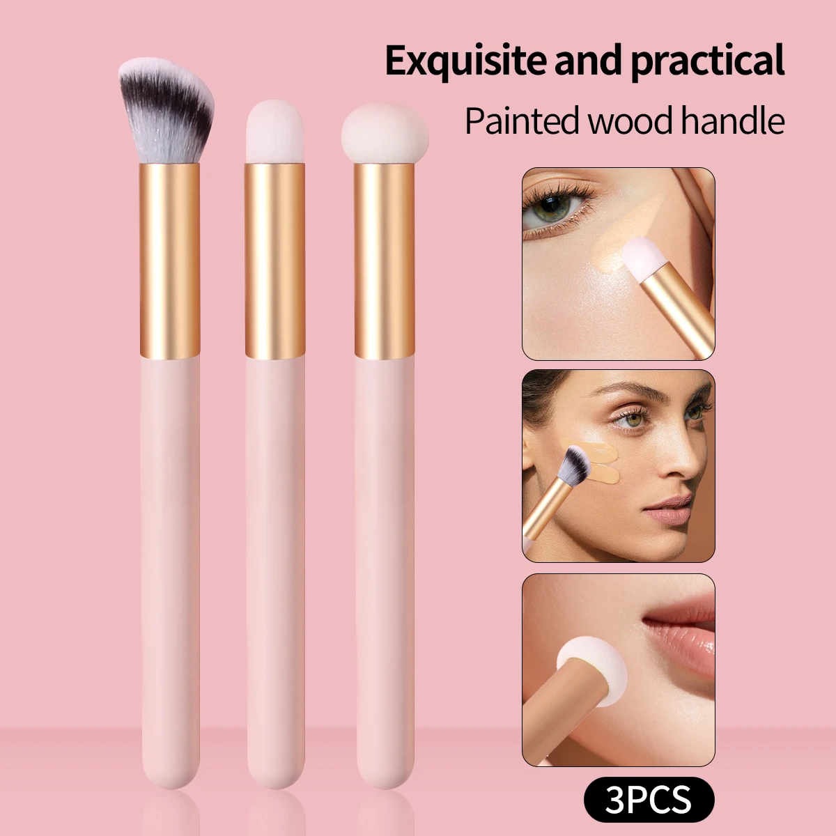 3PCS Concealer Brush Set, Soft Sponge & Hair Eye Cheek Brush, Painted Wood Handle Foundation Blending Brush for Face Lip Contour