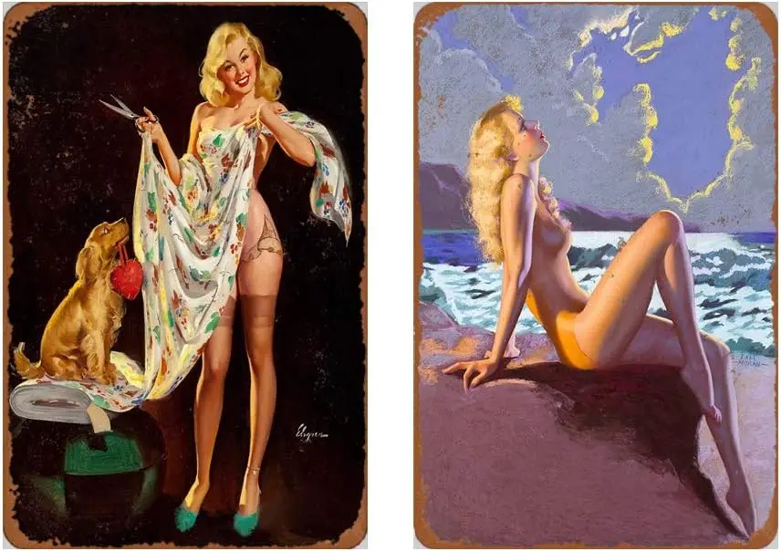 Dmxplus Metal Sign Set of 2 Tin Signs 8 x 12inches - Beach Sexy Pinup Girl Vintage Look Wall Decoration Bar Cafe Home Decor Plaq
