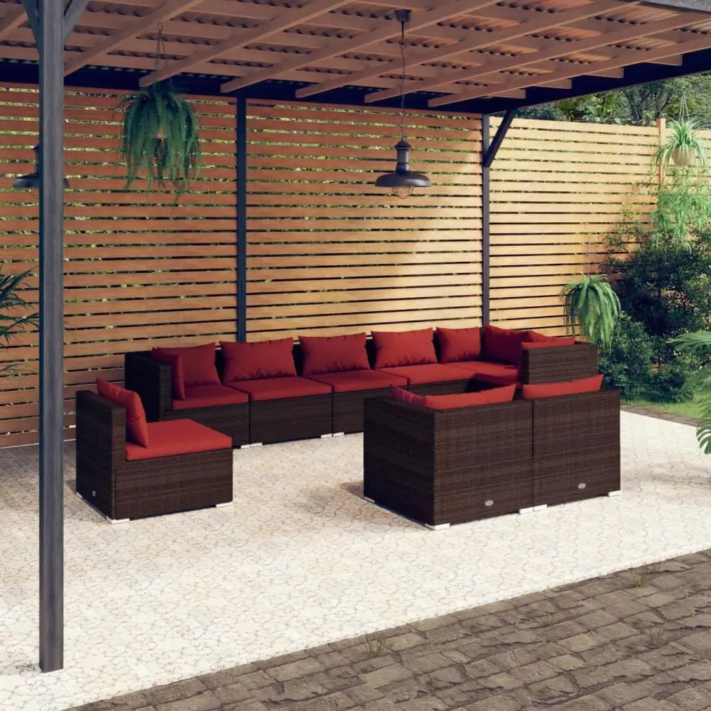 9-Piece Brown Poly Rattan Patio Lounge Set with Cushions - Stylish Outdoor Furniture