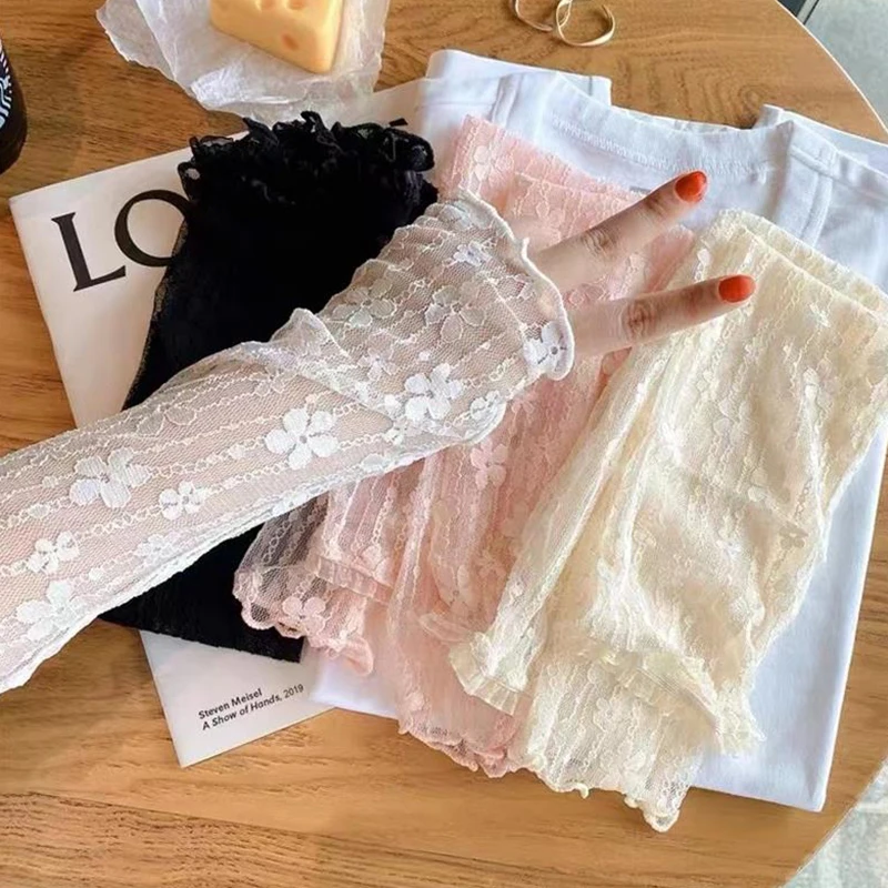 

【M】1Pair Women Lace Hollow-Out Sun UV Protection Fingerless Sleeves Thin Mesh Breathable Sleeves Summer Drive Cycling Sleeve