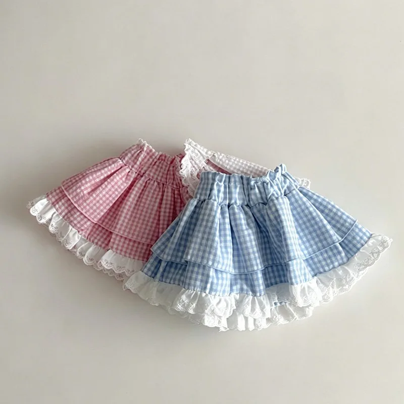 2026 Summer New Girls Plaid Skirts Baby Girl Lace Puff Skirts Cute Children Princess Skirts Fashion Infant Cotton Skirts