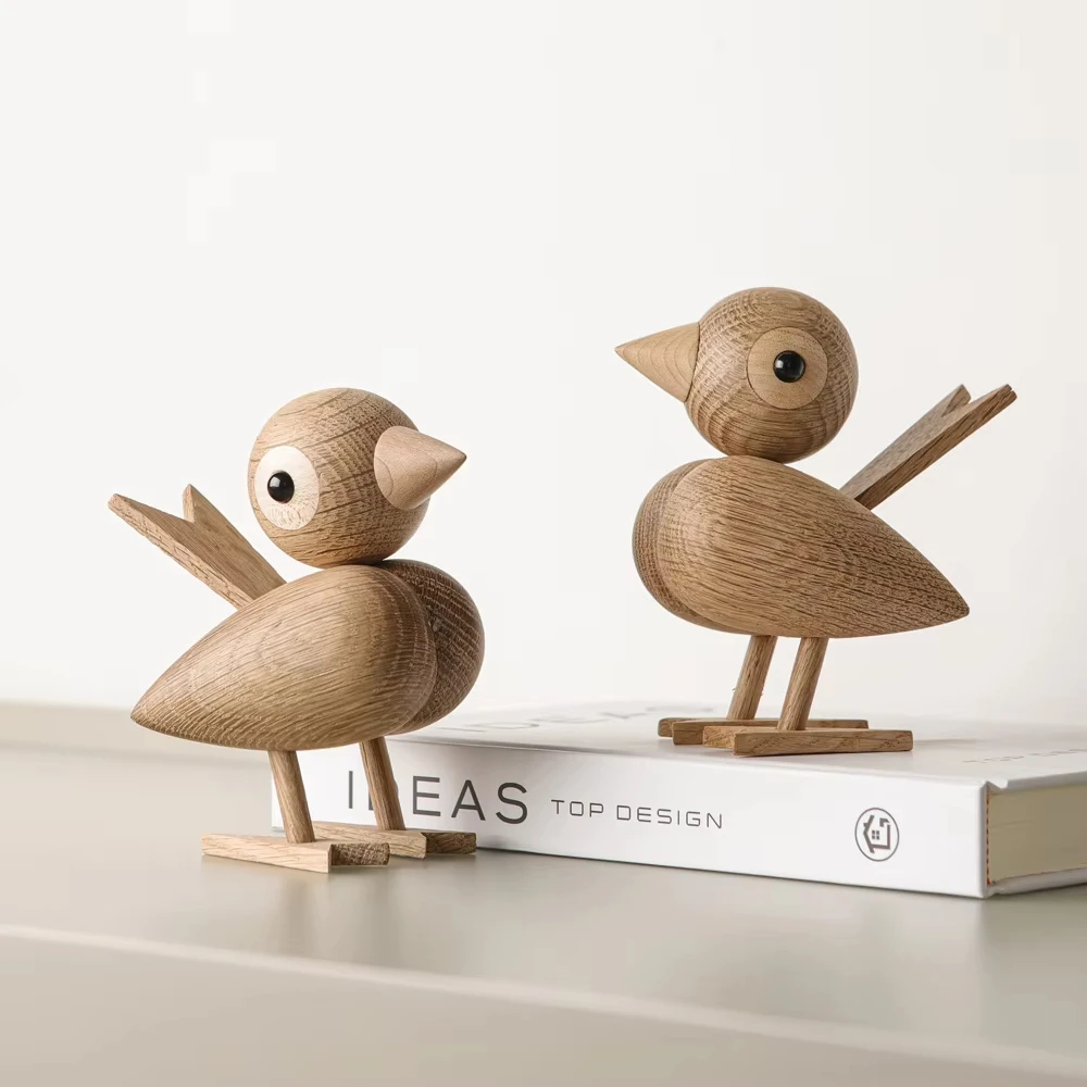 

Nordic Style Oak Sparrow Figurine Wooden Dolls Lovely Nature Teak Wood Bird Figures Ornament Home Decor Shelf Decoration Crafts