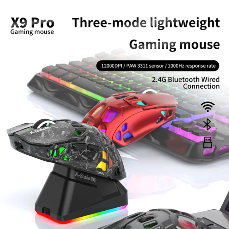 New X9pro Mouse Lightweight Paw3311 E-sports Game The Third Mock Examination Wireless Bluetooth Mouse Charging RGB Durable