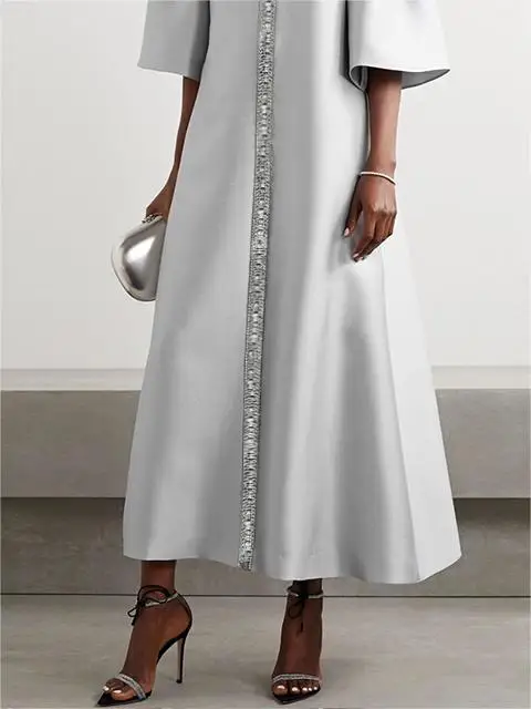 Women's Luxury Silver Gown with Crystal Embellishments Fit Dress 2026 New Summer Elegant Flared Sleeves Midi Evening Dresses