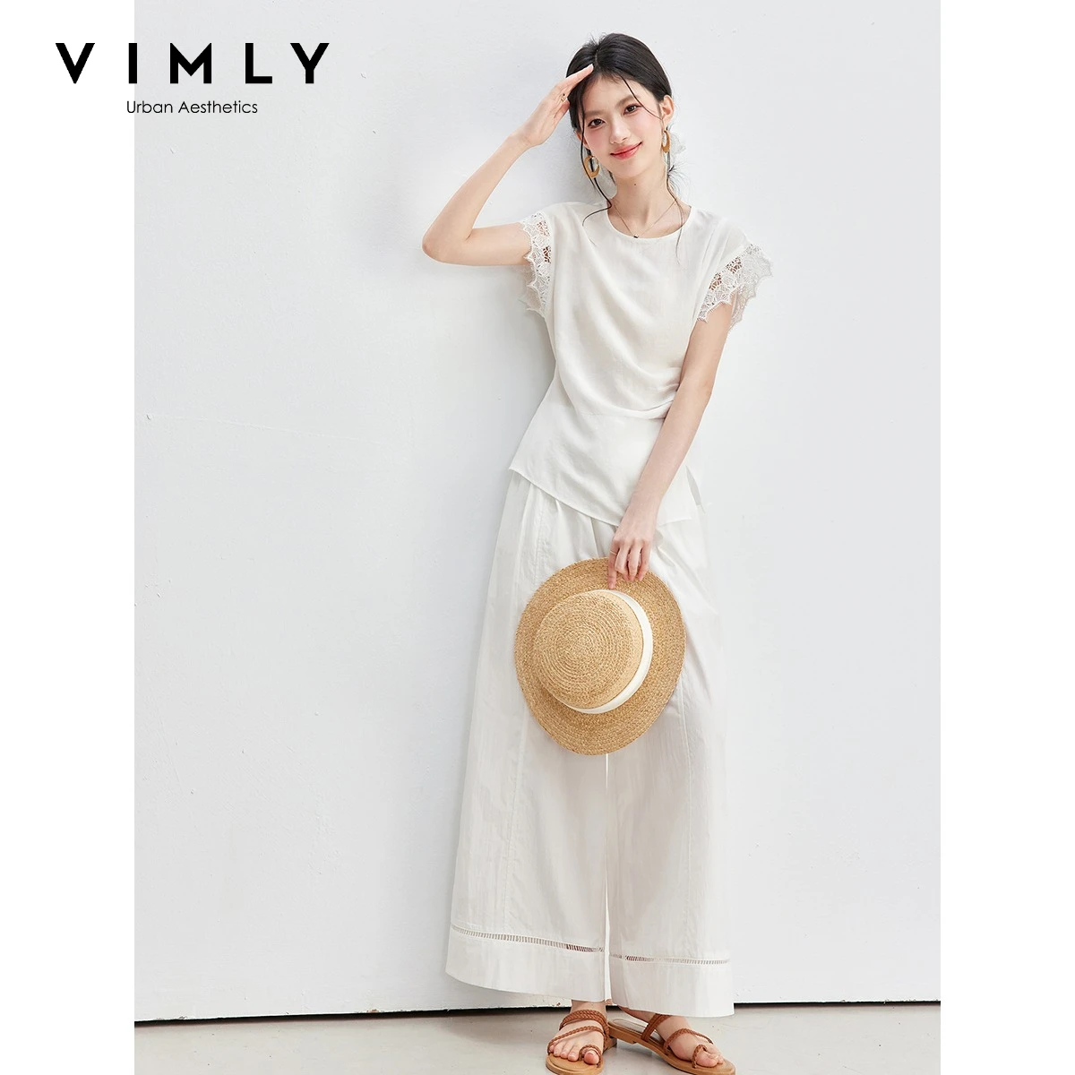 VIMLY Women's White Two-piece Set Summer 2026 New Elegant Lace Short Sleeve T-shirt Wide-leg Baggy Pants Matching Outfit 31208