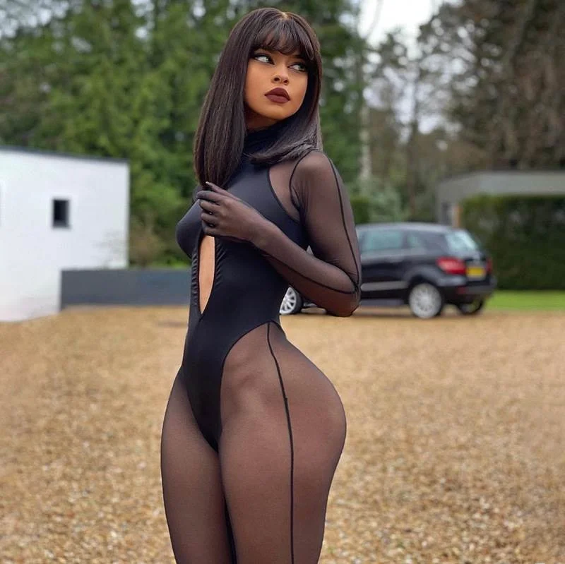 Sexy Mesh Splice See-through Tummy Control One-piece Suit Women's Fashion Autumn New Arrival Clothing Dress