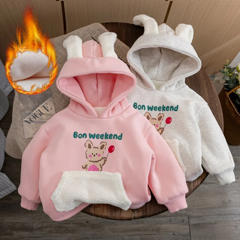 

LYY-Girls' Fleece-Lined Sweater Autumn and Winter New Cartoon Printed Long-Sleeved Pullover Baby Leisure Western Style Hooded To