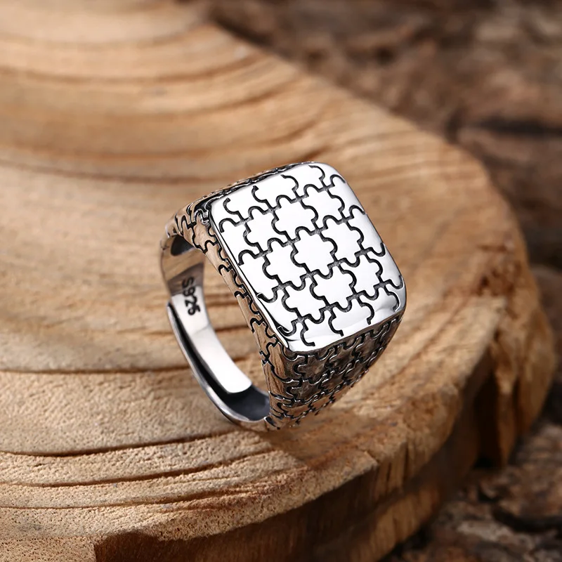 S925 Sterling Silver Jigsaw Puzzle Adjustable Ring Punk Style Old Process Solid Free Size Fine Jewelry FYRNG150