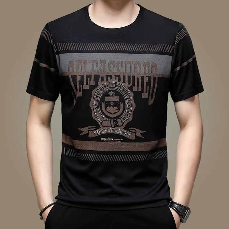 Men T Shirt Short Sleeve Mercerized Cotton Round Neck Summer Thin High-end Ice Silk Printed Casual Fashion Oversized Tops