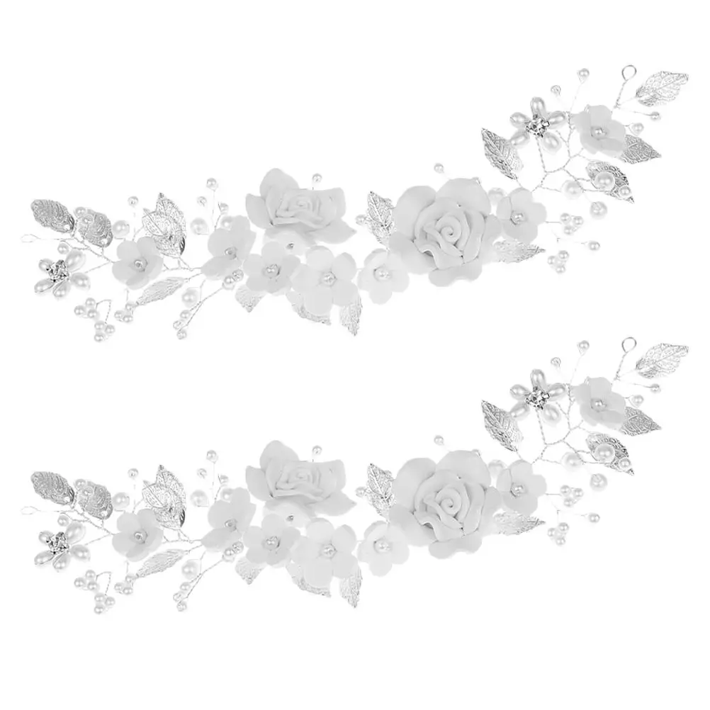 

2Pcs White Polymer Clay Flowers Silver Alloy Leaves Handmade Bridal Hair Accessories Wedding Headpiece For Prom Bride Hair Vine