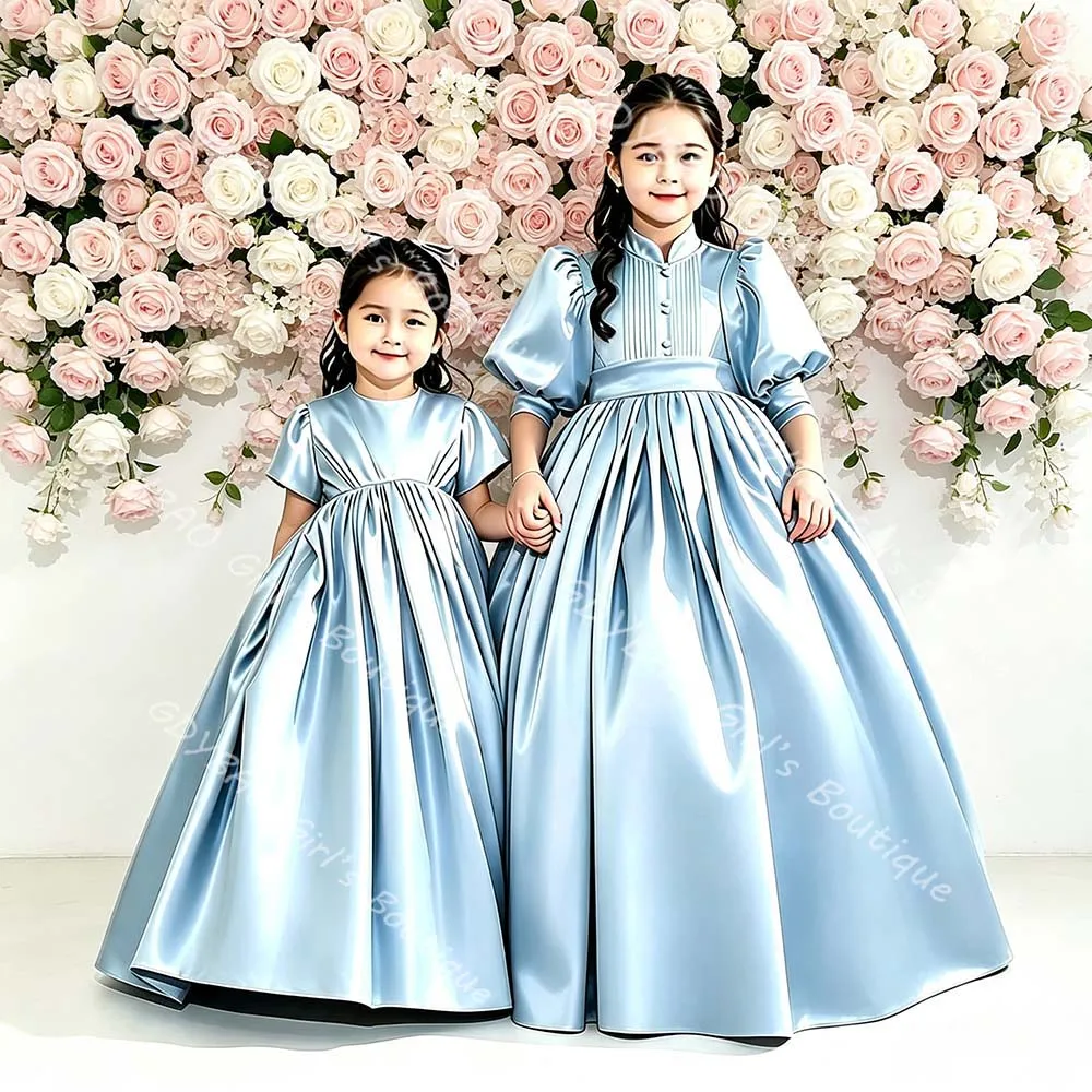 Classic Satin Pleated Flower Girl Dress for Wedding Kids High Neck Bubble Sleeves Ball Gown Princess Holy Communion Dress Custom