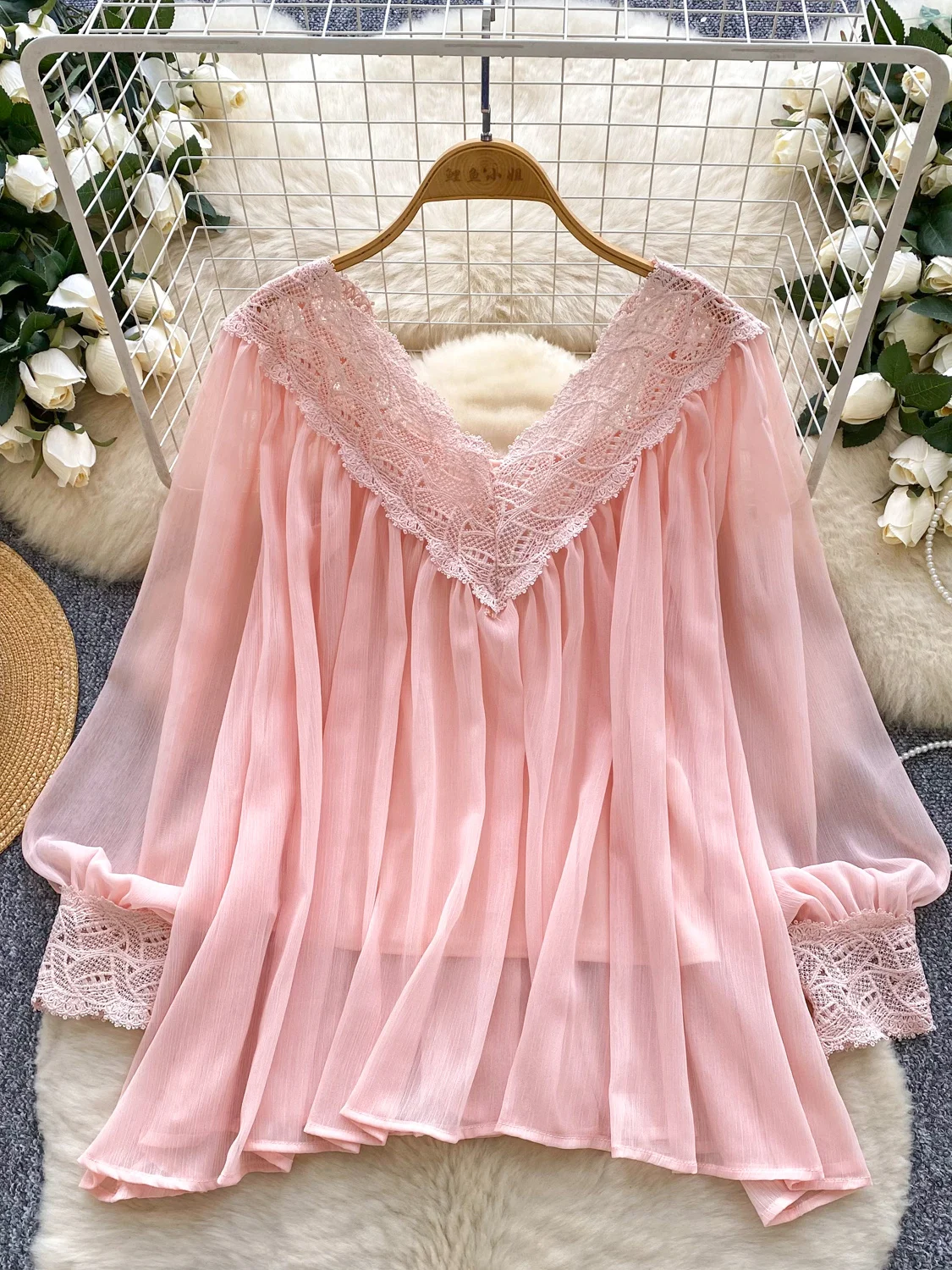 

Ele V-ne Lace Splice Long Sve шифоновый топ женский свободный утягивающий повседневный топ на голову осенний мягкий Sle Faion