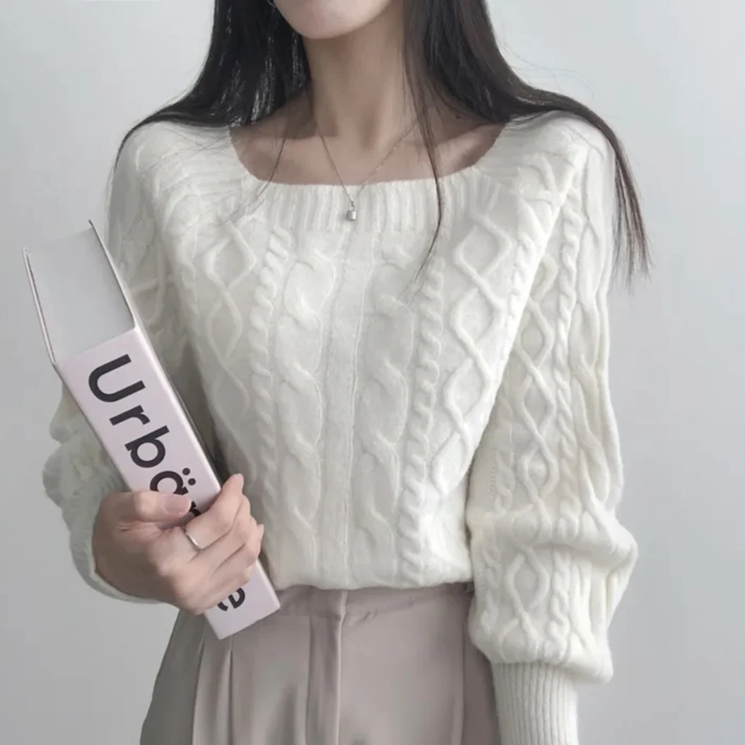 Chic Herbst Winter Pullover Vintage Lose Fit Taille Cinched Abnehmen Gestrickte Top Quadrat Kragen Oberbekleidung Pendeln Sle