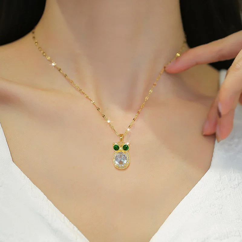 Stainless Steel Chain Classic Bling Cute Zircon Owl Pendant Necklace for Women Lady Lovely Owl Jewelry Accessories Gifts