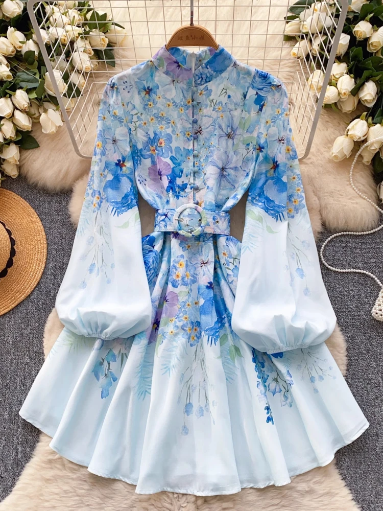 

France Elegant Vintage Palace Evening Dress Women Sashes Button Print Short Party Dress Female Casual Chic Festival Clothing New