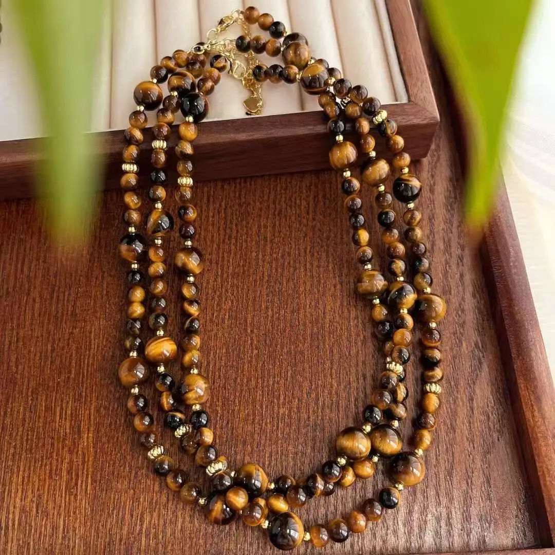Tiger Eye Starlight Choker, Natural Golden Brown Stone Beads with Scattered Accent Design, Collarbone Jewelry for Her Gift