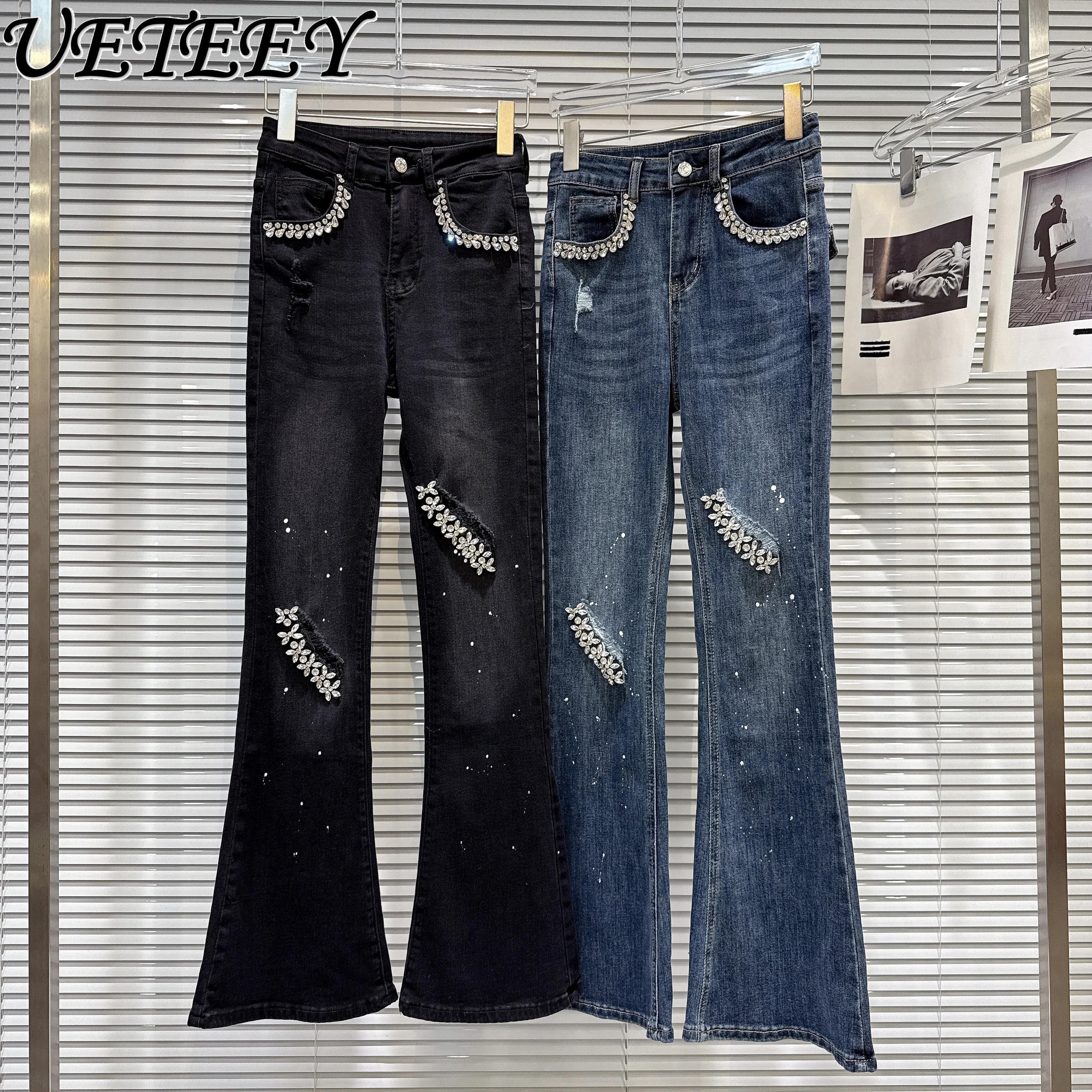 

2025 Autumn New Retro Hot Girl Rhinestone Beaded Design Washed Flared Jeans Women Elastic Slim Blue Denim Pants Female Bottoms