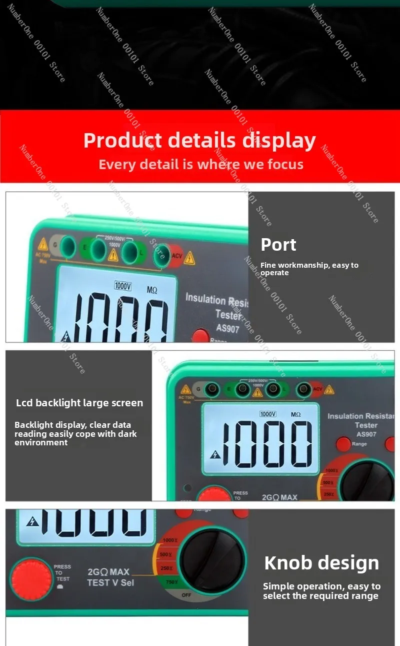 AS907 Megohmmeter Digital Insulation Resistance Tester Electrician's Megger High Precision Lightning Protection Insulation Test