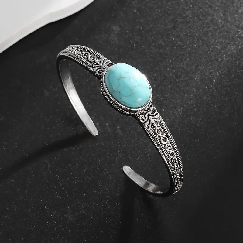 Vintage Blue Amber Stone Open Adjustable Bracelet for Men Women Fashion Cuff Bracelet Casual Jewelry Gift