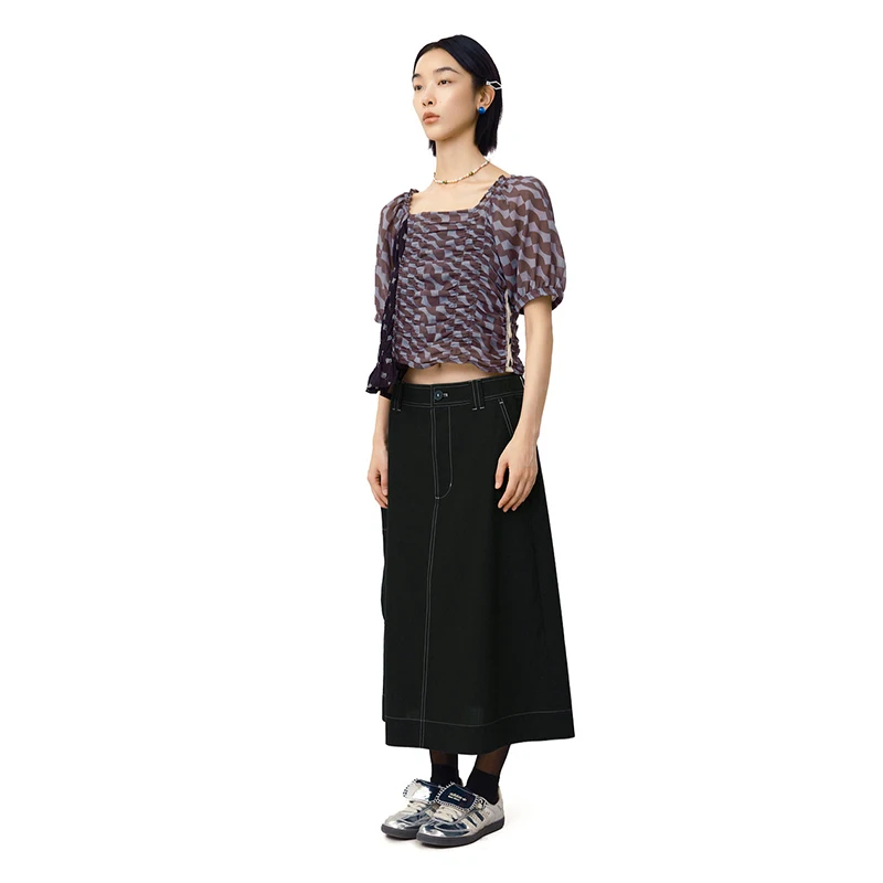 MOVEUP Casual Loose Skirt 2026 Summer Pure Cotton Multi Pocket Solid Color Bright Line Pleated Commuter A-Line Skirt 125220608
