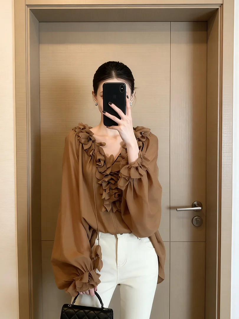 

Commuter Style Long Sleeve Shirt Women's Fashionable Wrinkle Design Wooden Spring New Arrival Anti-deformation Neck