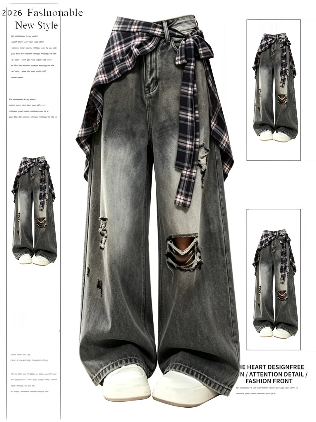 

American Retro Hole Denim Jeans Women Summer New Design Sense Plaid Curtain Wide Leg Pants Soft Wear Resistant Casual