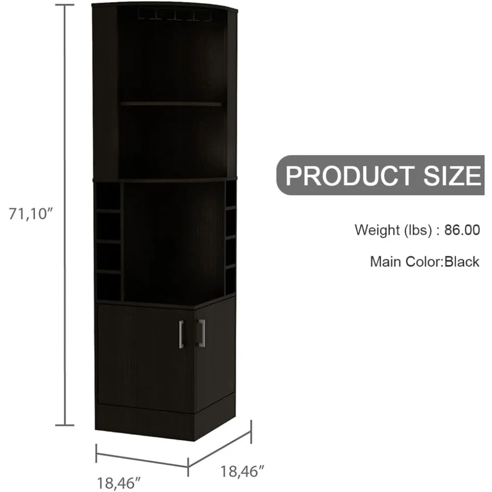 Угловой барный шкаф 71 дюймов, высокий фермерский шкаф для винного бара со стойкой для вина и кубиками для бутылок, барный шкаф для ликера для дома, черный