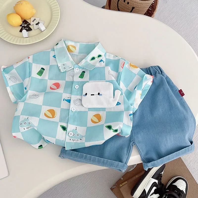 

2Piece Summer Toddler Boy Outfits Korean Fashion Cartoon Plaid Short Sleeve Baby Tops+Denim Shorts Boutique Kids Clothing B076