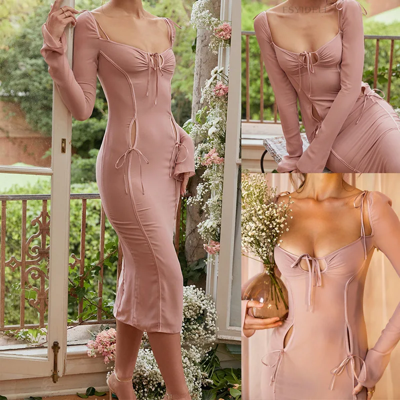 Skmy roupas para mulher primavera e verão nova cor sólida laço oco para fora sexy manga longa gola quadrada bodycon midi vestido