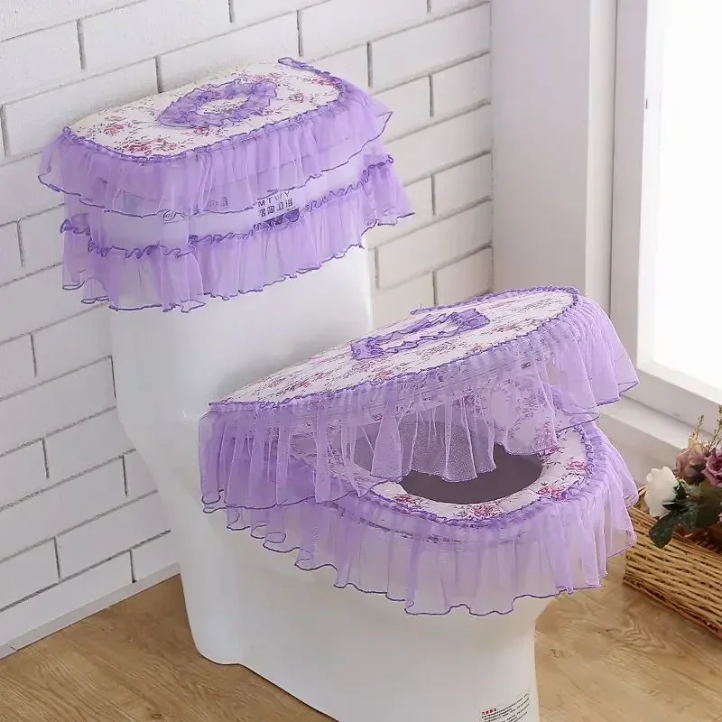 Jacquard Lace Toilet Three Piece Set Zipper Gold Velvet Lace Dustproof and Anti Slip Cushion Household U-shaped Closestool Cover