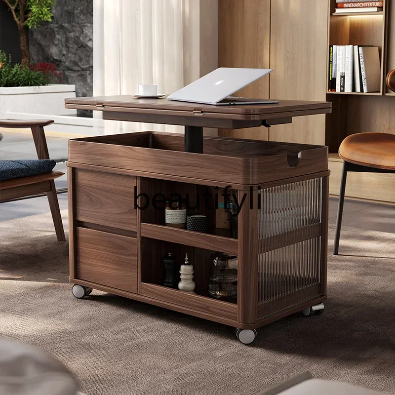 

Household small apartment movable lifting solid wood coffee table living room sofa multi-functional folding cart