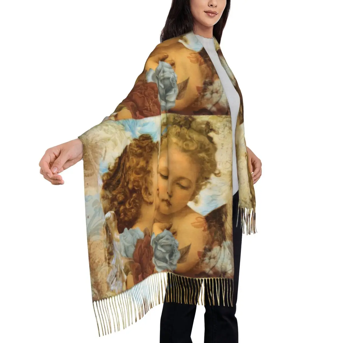 

Ренессансные ангелы, шарф с крылатыми чернилами, шарфы с кисточками для женщин, мягкие теплые шали и накидки, длинная осенне-зимняя шаль, накидка