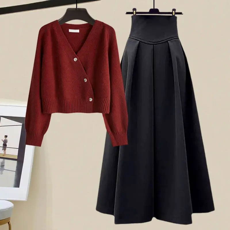 Autumn 2023 New Western Fashion Large Women\'s Knitted Cardigan Sweater Half Skirt Commuter Two Piece Women\'s Skirt Set