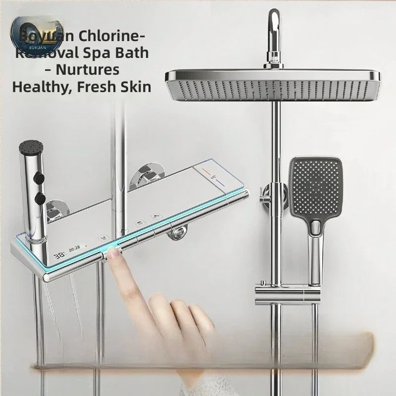 #Silver Plated Thermostatic Shower Set, Brass Bathroom Rainfall Shower Head, High Pressure Water Saving, Complete Kit