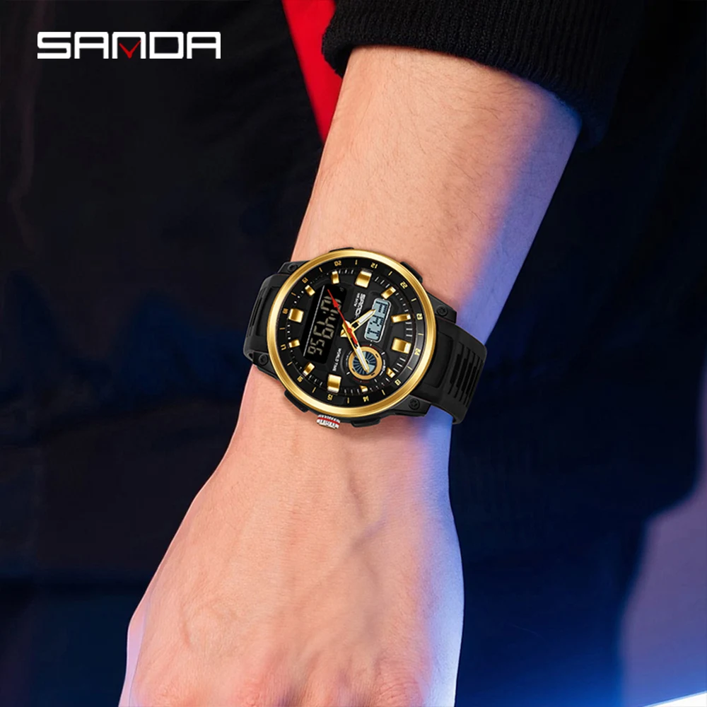 SANDA 3389 새로운 2025 남자 스포츠 석영 전자 디지털 LED 듀얼 디스플레이 남자 시계 방수 군사 충격 방지 시계