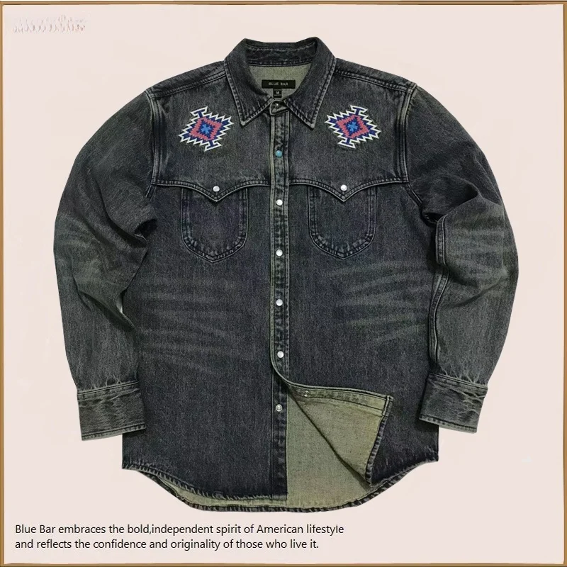 

Vintage Navajo Embroidered Pure Cotton Heavyweight Denim irt American Western Sle Long Sve Youth Faion Autumn Wear