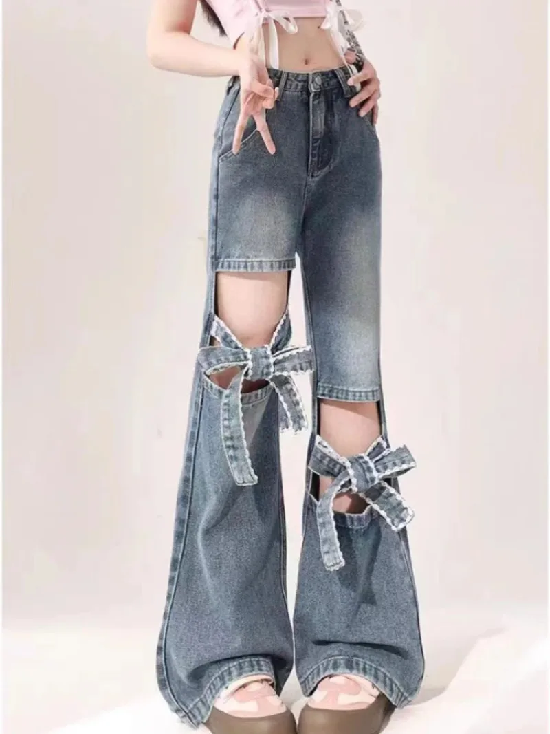 Aesthetic Y2k Hollow Out Bowknot Wide Leg Jeans Women High Waist Slim Fashion Denim Trousers Vintage Ripped Cargo Pants