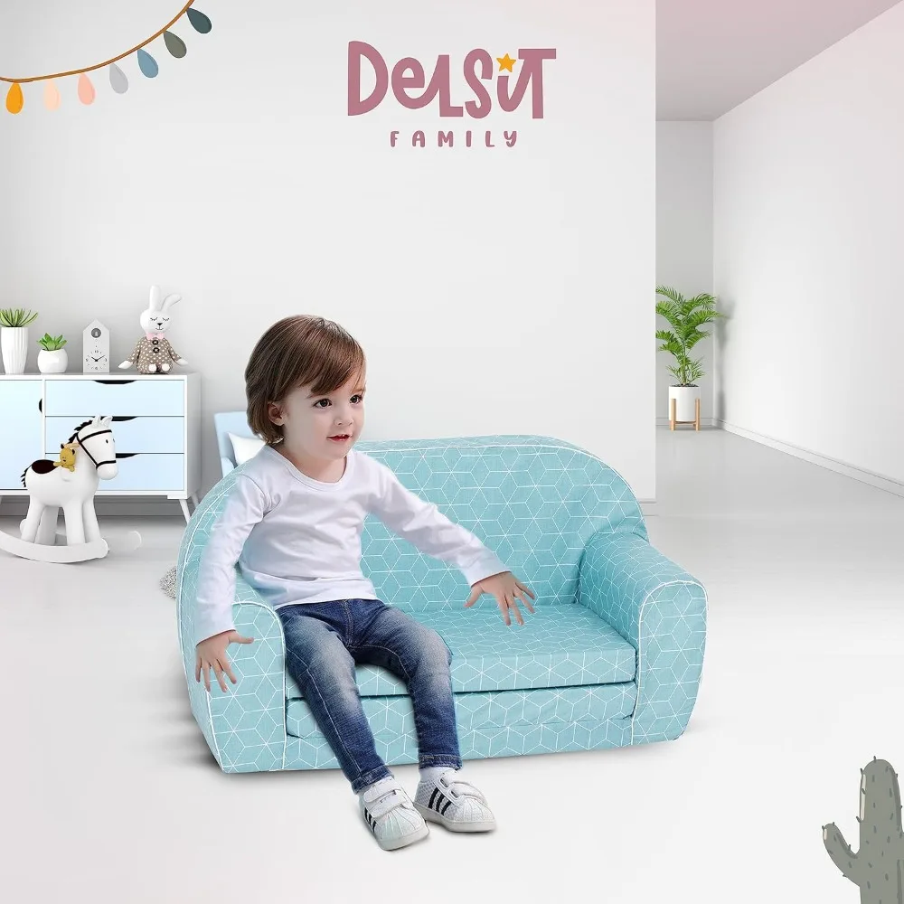 Delsit Kids Couch for Toddlers - 2 in 1 Convertible Foam Sofa to Lounger, Comfy Flip Out Lounge Chair for Children