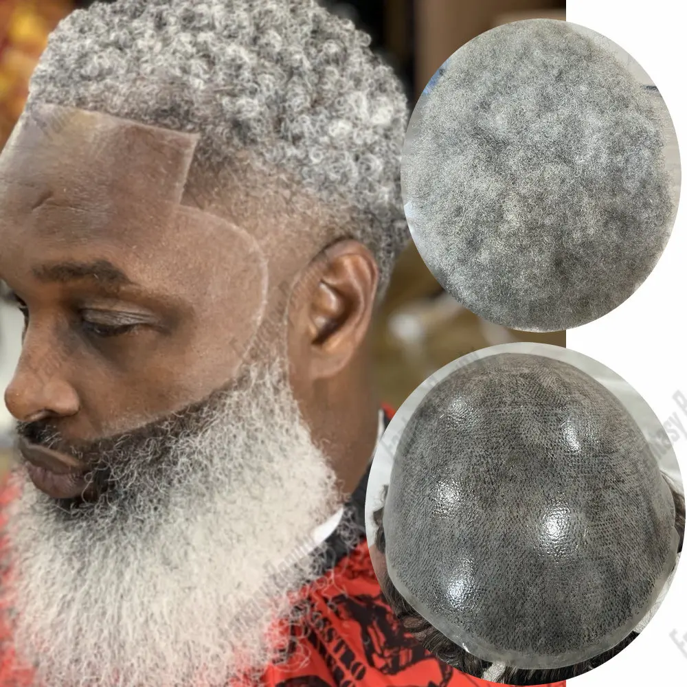 6mm Afro Man Kinky Curly #1b20 #1B40Gray Human Hair Prosthesis Capillary Men's Wig Durable Thin Skin Replacement System For Male