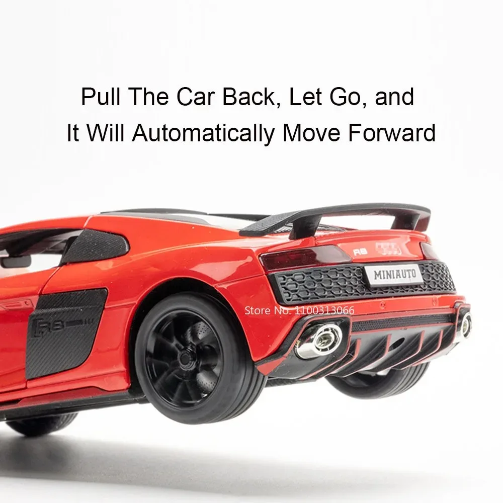 1:24 R8 V10 Legering Speelgoed Auto Model Diecast Metal Body Geluid Licht Trek Rubberen Banden Voertuig voor Jongens Verjaardag Verzamelen Geschenken