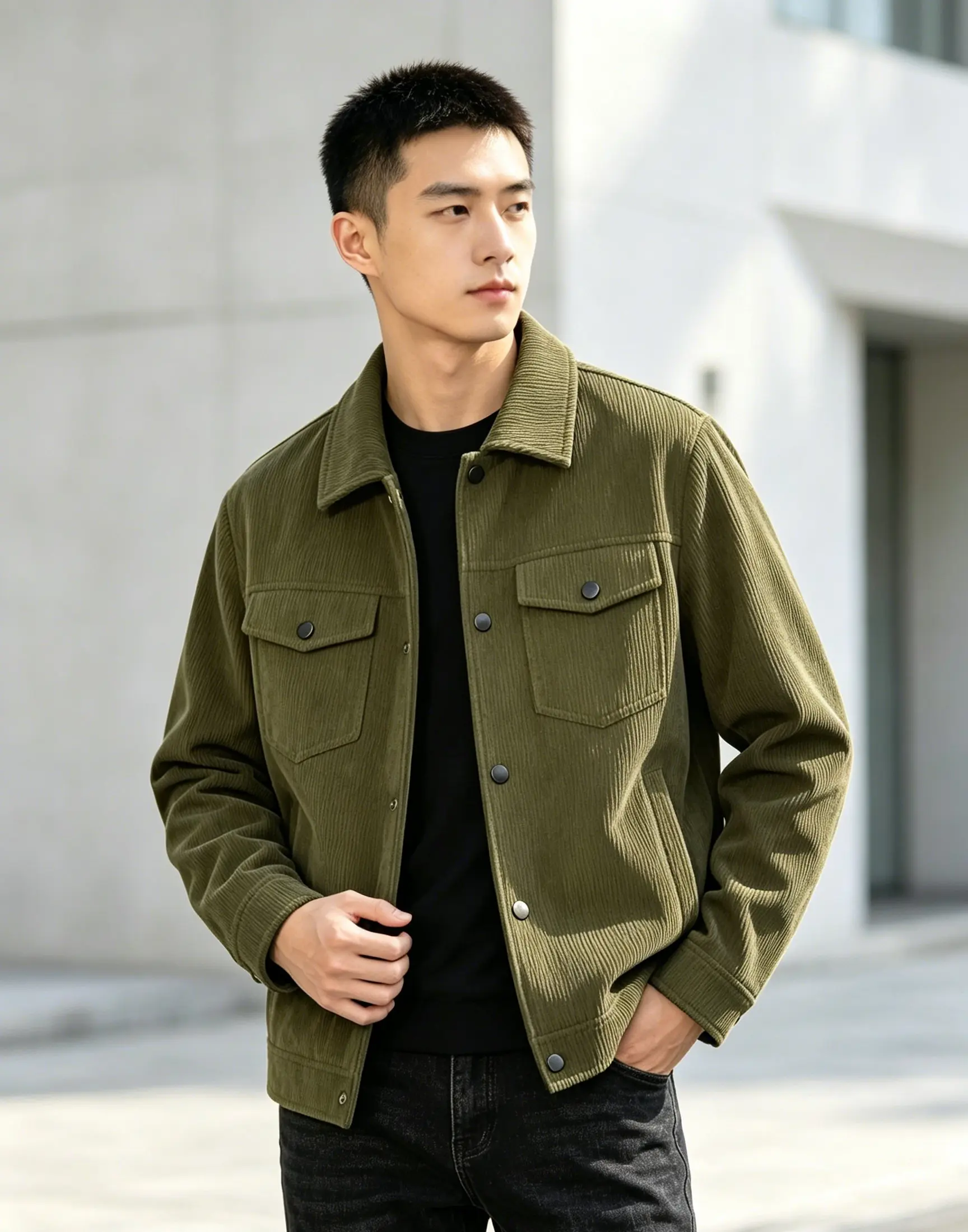 Men Spring Autumn Solid Button Collar Casual Jacket With Pockets Fashion Daily Leisure Outerwear