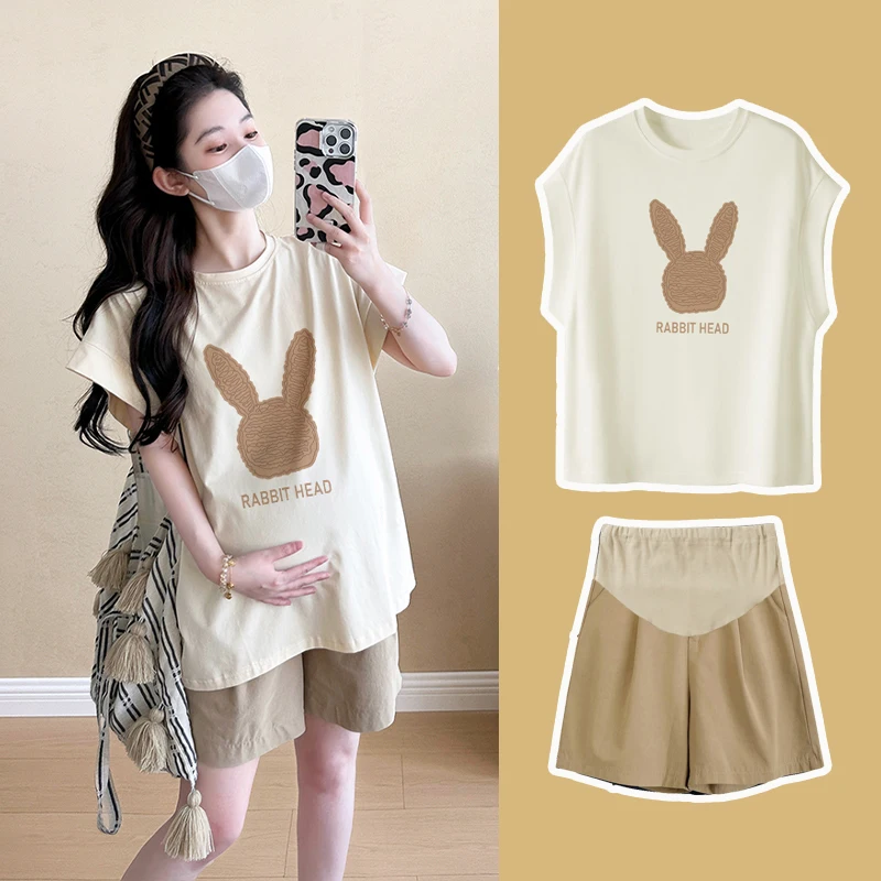 妊婦綿-tシャツセット夏の新スタイルノースリーブルーズファッショナブルな韓国語版トップショーツ-2-点セット