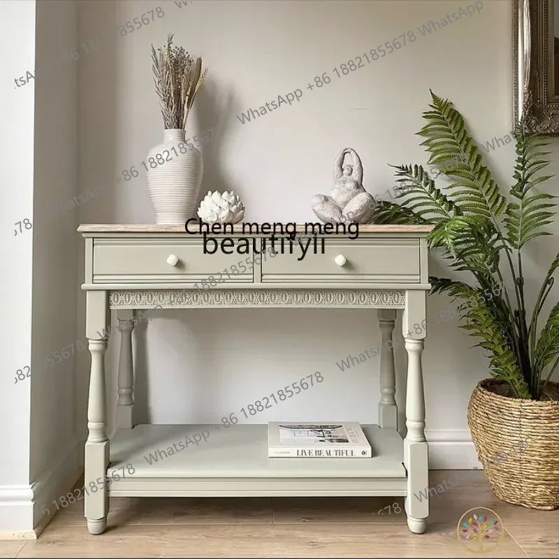 D178  Y zqNordic French Fashion Simple Entrance Cabinet Console Vintage Distressed Oak Wood Carved Export