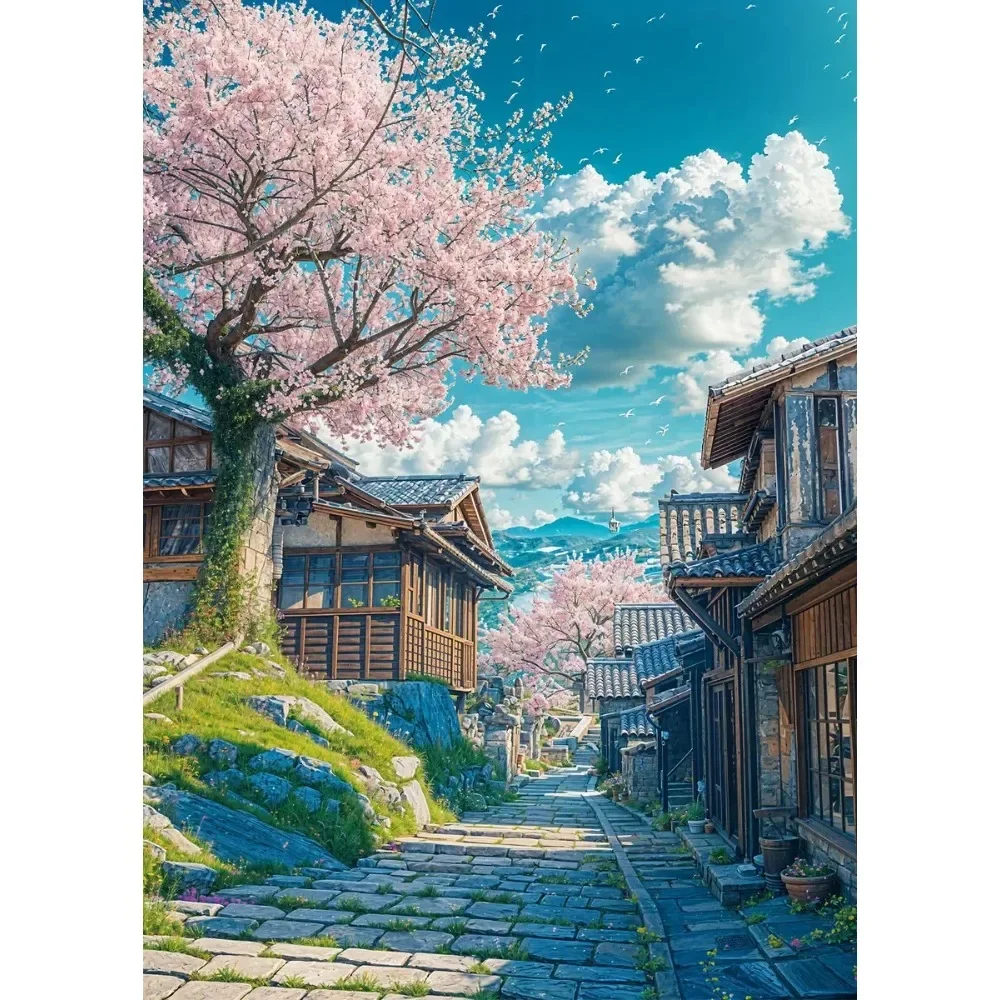1pc Frameless Japanese Sakura Village Poster Street Mount Fuji Canvas Painting Wall Art for Living Room Home Wall Art Decoration